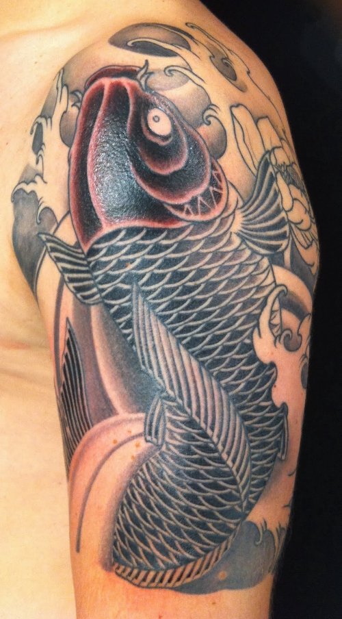Fine Man Left Half Sleeve Carp Fish Tattoo